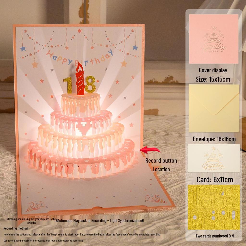 3D Pop-Up Geburtstags-Soundkarte mit Aufnahme-Licht - Kuchen-Design für Freund/Freundin Geschenk