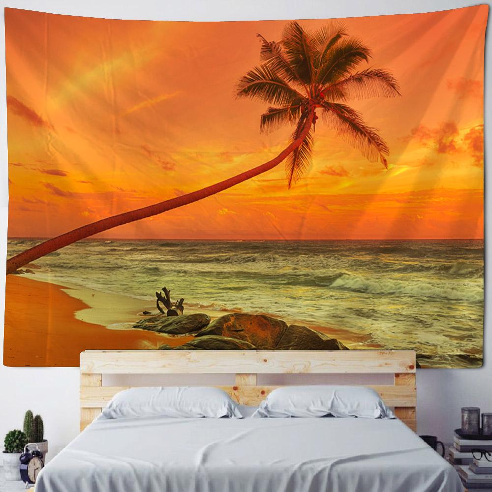 Beach landscape tapestry, coconut tree, sunrise, wall hanging poster, home wall decoration background cloth, living room bedroom