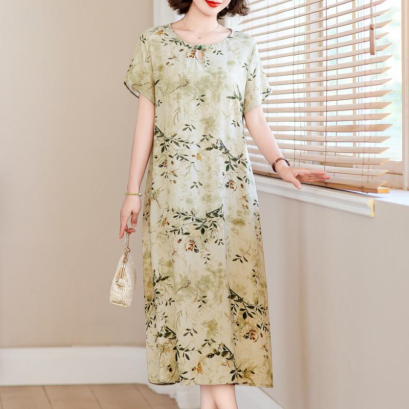 Elegant Long Dresses for Women Plus Size Loose Short Sleeve Vintage Dress Summer Middle-aged Women's Clothing
