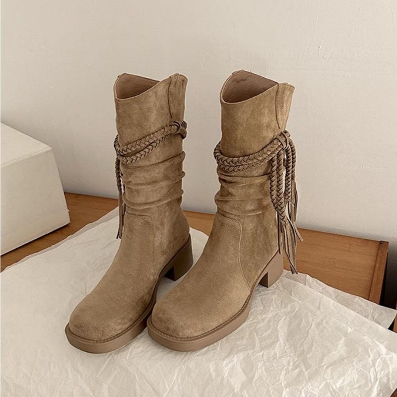 2025 Frühling und Herbst Retro Ödland Wind Fransen Ritterstiefel Dicker Absatz Aber Kniehohe Stiefel Schaftstiefel für Damen