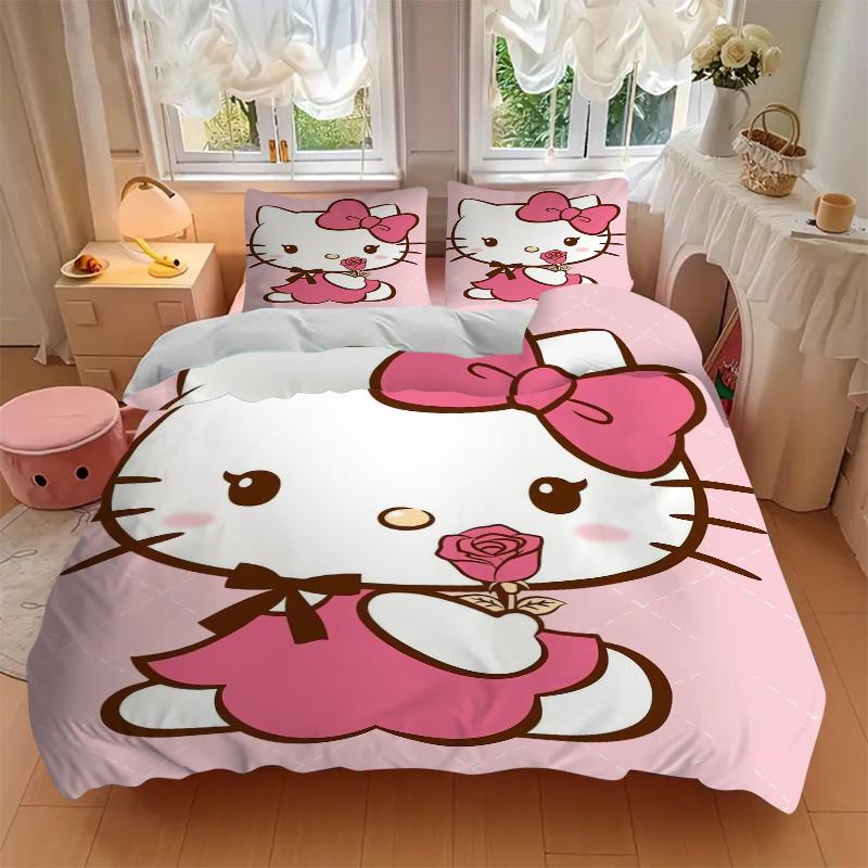 3pcs Rose Hello Kitty Sanrio Quilt Set Cartoon Themed Bed Quilt Set Lovely Character Bedroom Decor Bed Quilt Set Four Seasons (1 Cover + 2Pillowc