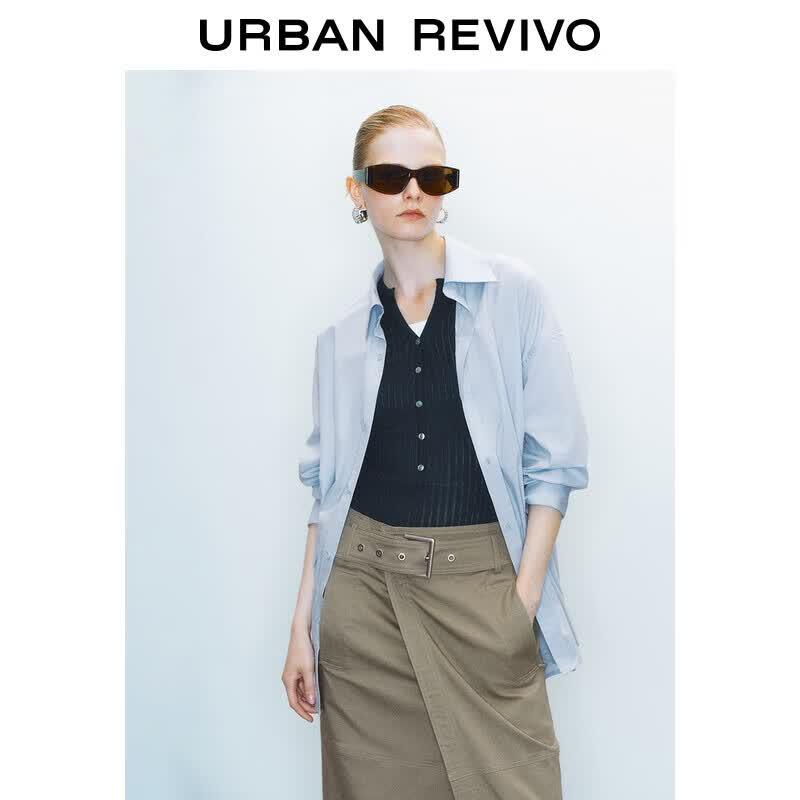 UR Women s Pin-Decorated Casual Long Sleeve Shirt M порошок синий