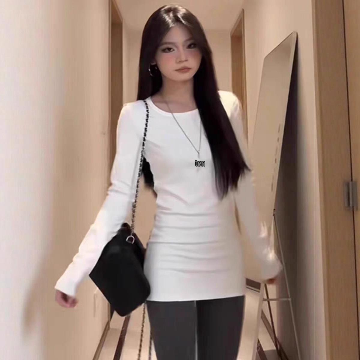 2025 Korean Style Women s Slim Fit Brushed Fleece Long Sleeve T-Shirt for Autumn/Winter Medium белый