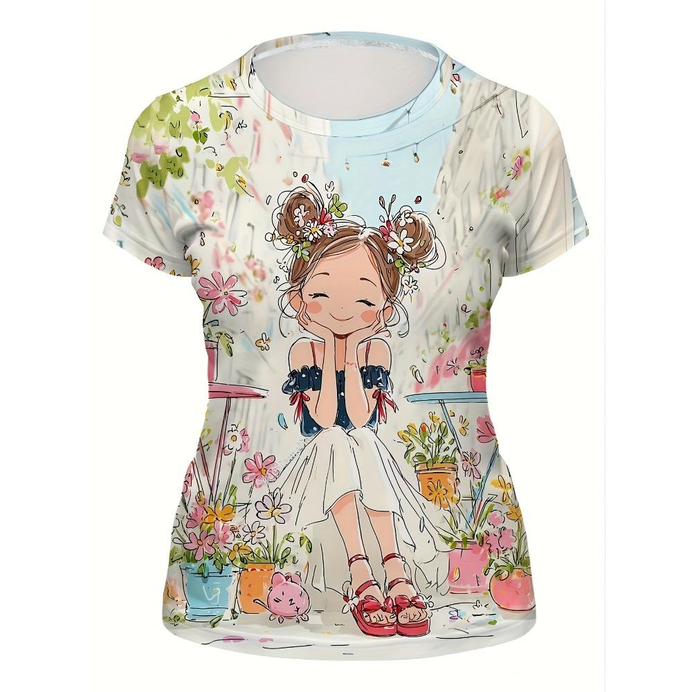 Hand drawn floral girls floral printed short sleeved T-shirt
