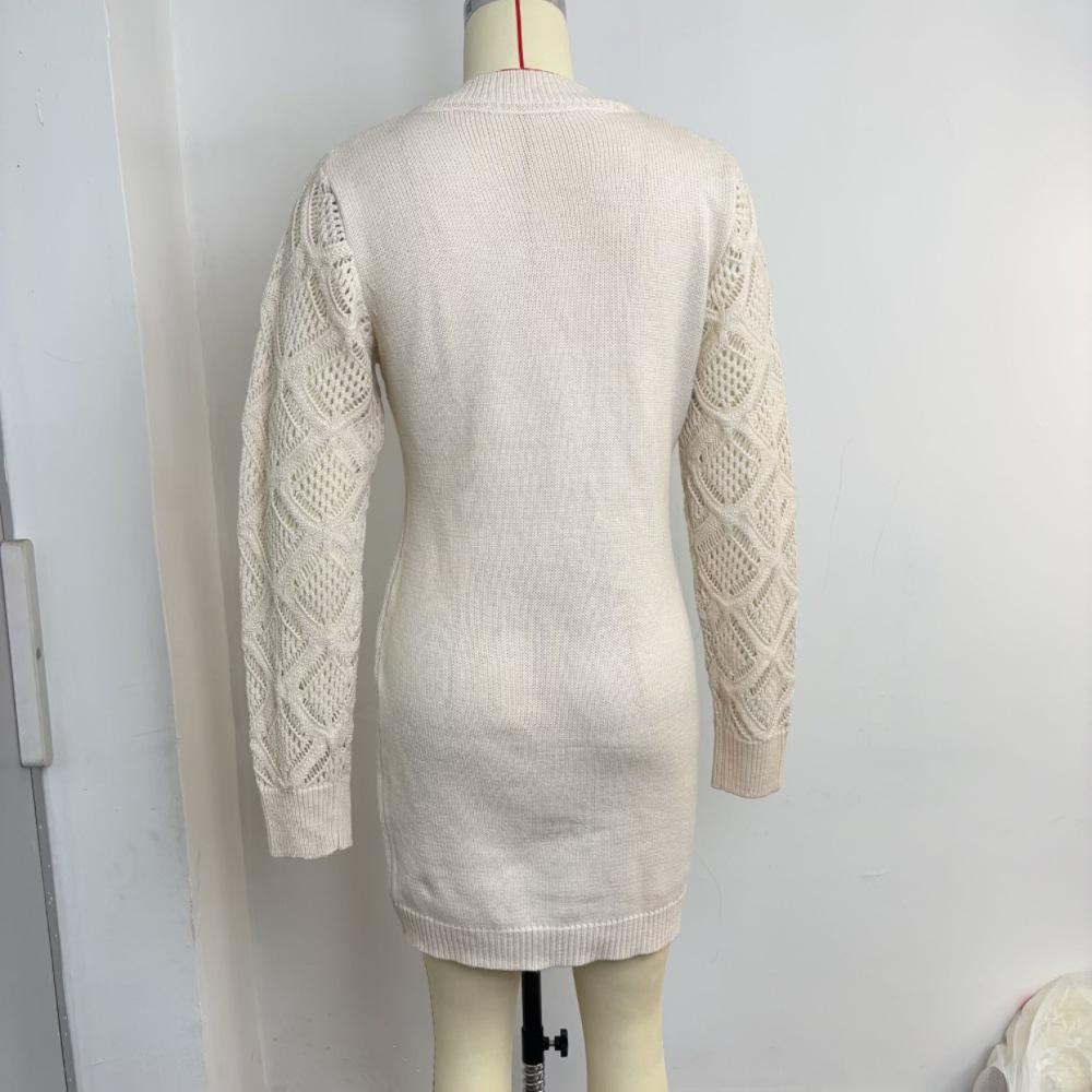 2025 Solid Color V-Neck Knit Dress with Hollow Design for Women - Long Sleeve, Fashionable Spring/Autumn Wear
