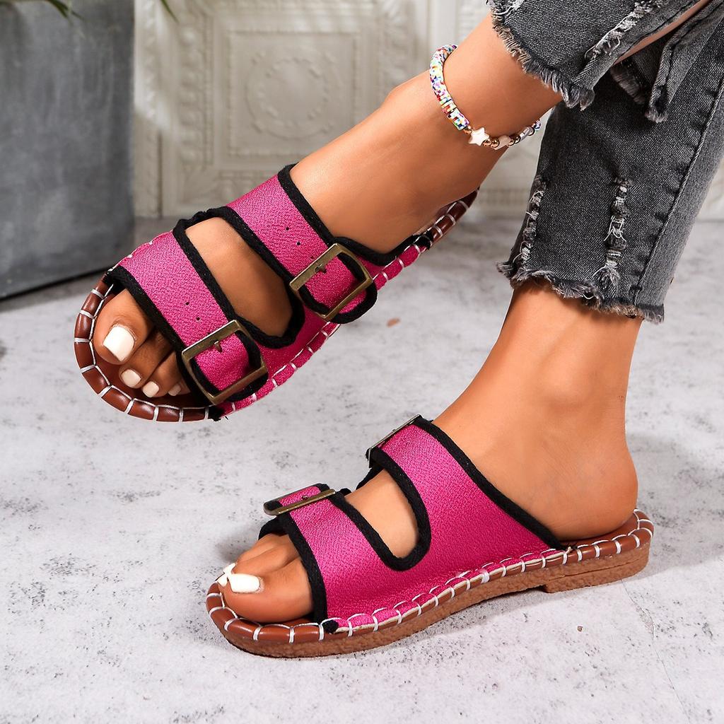 Slippers women's foreign trade spring and summer new round head soft bottom double buckle one-word outer wear beach cool slippers