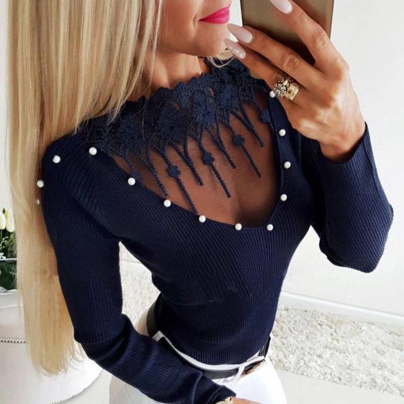 

SCIONE женские топы облегающие сексуальные повязки на голову из бисера кружевной дырявый женский свитер XL синий