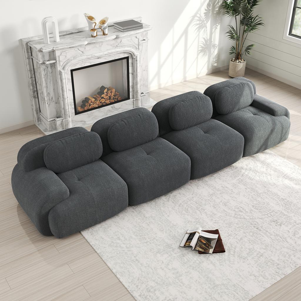 4-Seater Sofa Soft Corduroy, Frameless, 32D High-Elastic Padding, Pet-Friendly, Vacuum-Packed, Combinable, No Assembly for Bedroom and Office, Grey