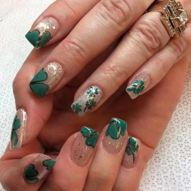 St Patricks Day Nails - Green Glitter Press On Nails Almond Medium Fake Nails with Green Shamrock & Rhinestone Heart Design, Artificial Nails Stick St Patricks day Nails-10