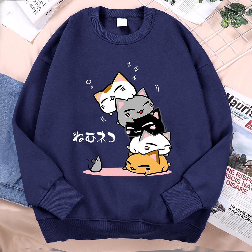 Cute Stacked Cats Sleeping Don'T See The Mouse Women Unisex Clothing Anime Pullover Hoodies Loose Fleece Hoody Casual O-Neck Streetwear