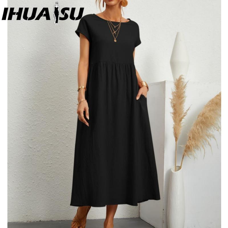 IHUASU Women's Fashion Summer Spring Solid Color Print O-Neck High Waist Casual Dresses