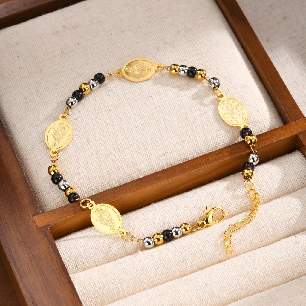 Muslim Stainless Steel Bracelets Cross Beaded Three-color Round Bead Our Lady Bracelet for Women Girls Islam Jewelry Gifts