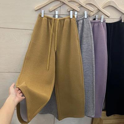 Kadınlar İçin Pantolon Büyük Beden Kalınlaştırılmış Esnek Elastik Yüksek Bel Uzun Pantolon Düz Renk Polar Günlük Bol Paça Pantolon