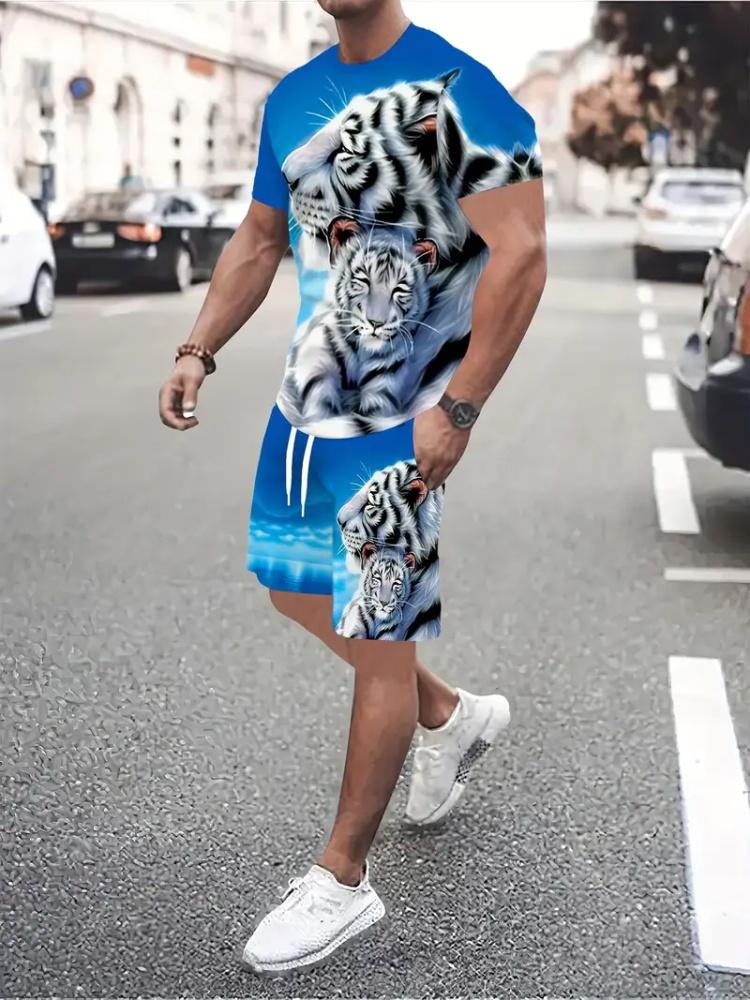 3D White Tiger Print Blue Summer Men's Short Sleeve Suit Fashion Street Short Sleeve Shorts