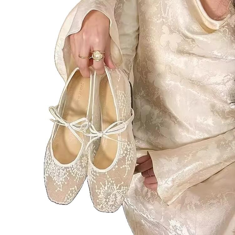 Breathable Lace Mesh Single Shoes 2026 Spring and Summer New Flat Women's Shoes Bow Light Mouth Mary Jane Shoes