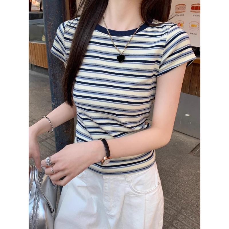 Retro Kontrast Streifen Rundhals Kurzarm Shirt Damen Sommer Neu Vielseitig Schlank Schulter Student Top Trend