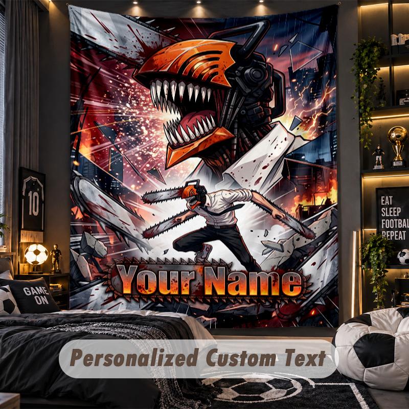 Personalized Wall Tapestry,Chainsaw Man Custom Printed Name, Fabric Wall Art For Indoor Room Backdrop