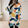 Women Plus Size Round Neck Long Sleeve Geometric Printed Loose Longline Top With Pockets
