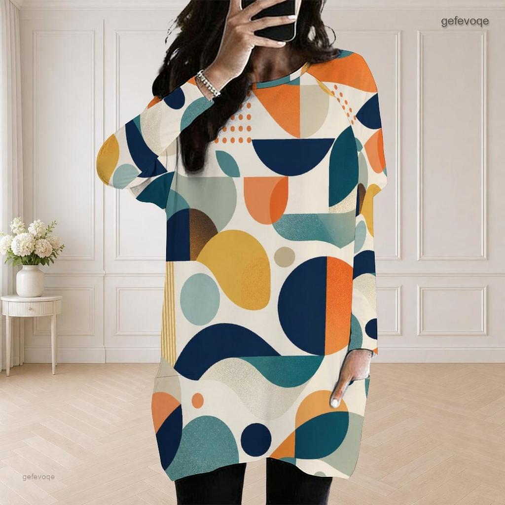 Women Plus Size Round Neck Long Sleeve Geometric Printed Loose Longline Top With Pockets