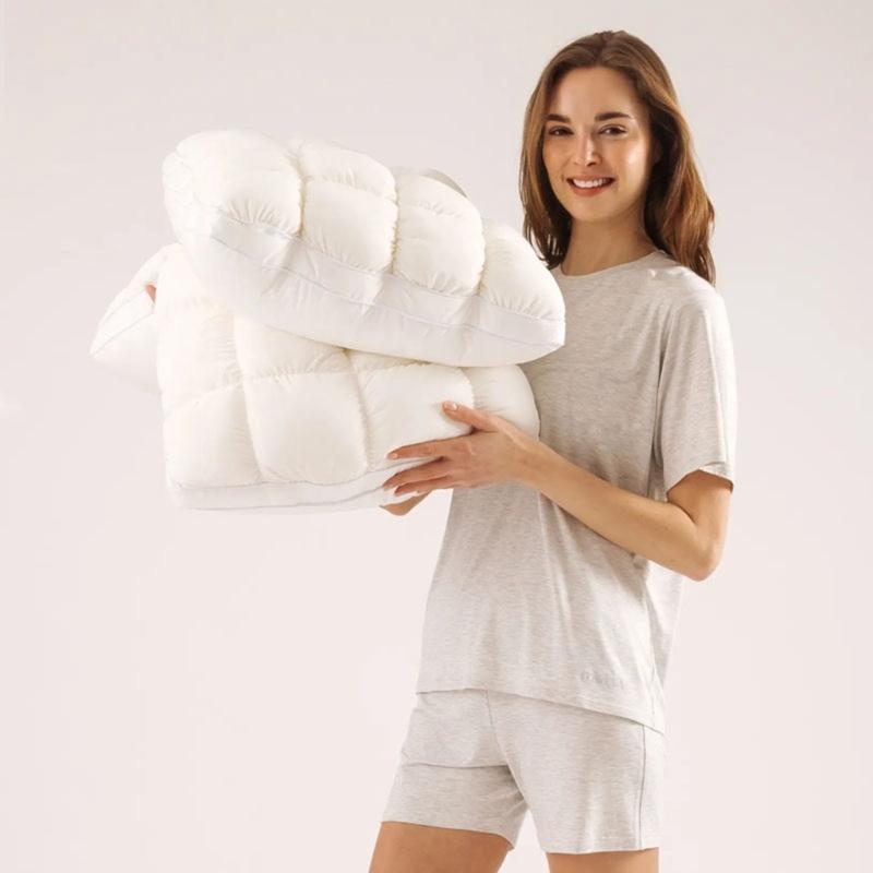 Sleeping Bed Pillow 48 x 74 cm with Quilted Square Checkered and Fiber Fill for Adult Guest Room and Bedroom Bedding