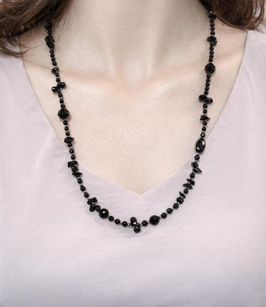 [Malline] Natural Stone Long Necklace: Onyx (Black Gemstone) X Terahertz (Black Silver) - Sophisticated Black / Healing Amulet / Handmade In Japan