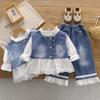 Girls' Stylish Faux Two-Piece Denim Suit: Lace Trim Top & Wide-Leg Pants Set for Spring & Autumn