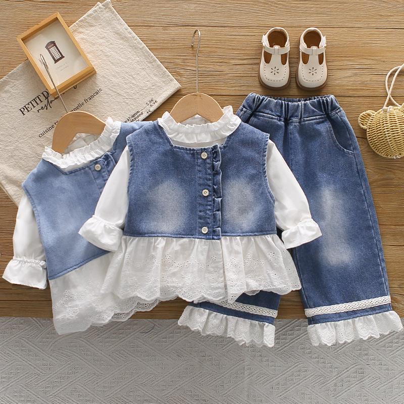 Girls' Stylish Faux Two-Piece Denim Suit: Lace Trim Top & Wide-Leg Pants Set for Spring & Autumn