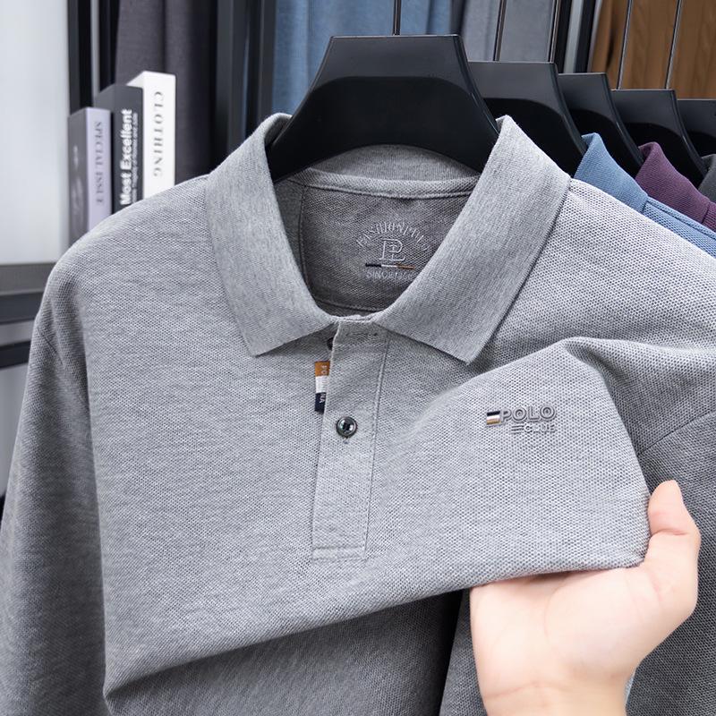 Men's Autumn Turn-Down Collar Long Sleeve Polo Shirt - Solid Color Embroidered & Loose Fit