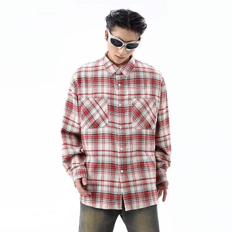 Amerikanisches Retro-Plaidhemd Herren Frühling und Herbst Street-Trend Lockeres Paar Lässig Langarmhemd Mantel