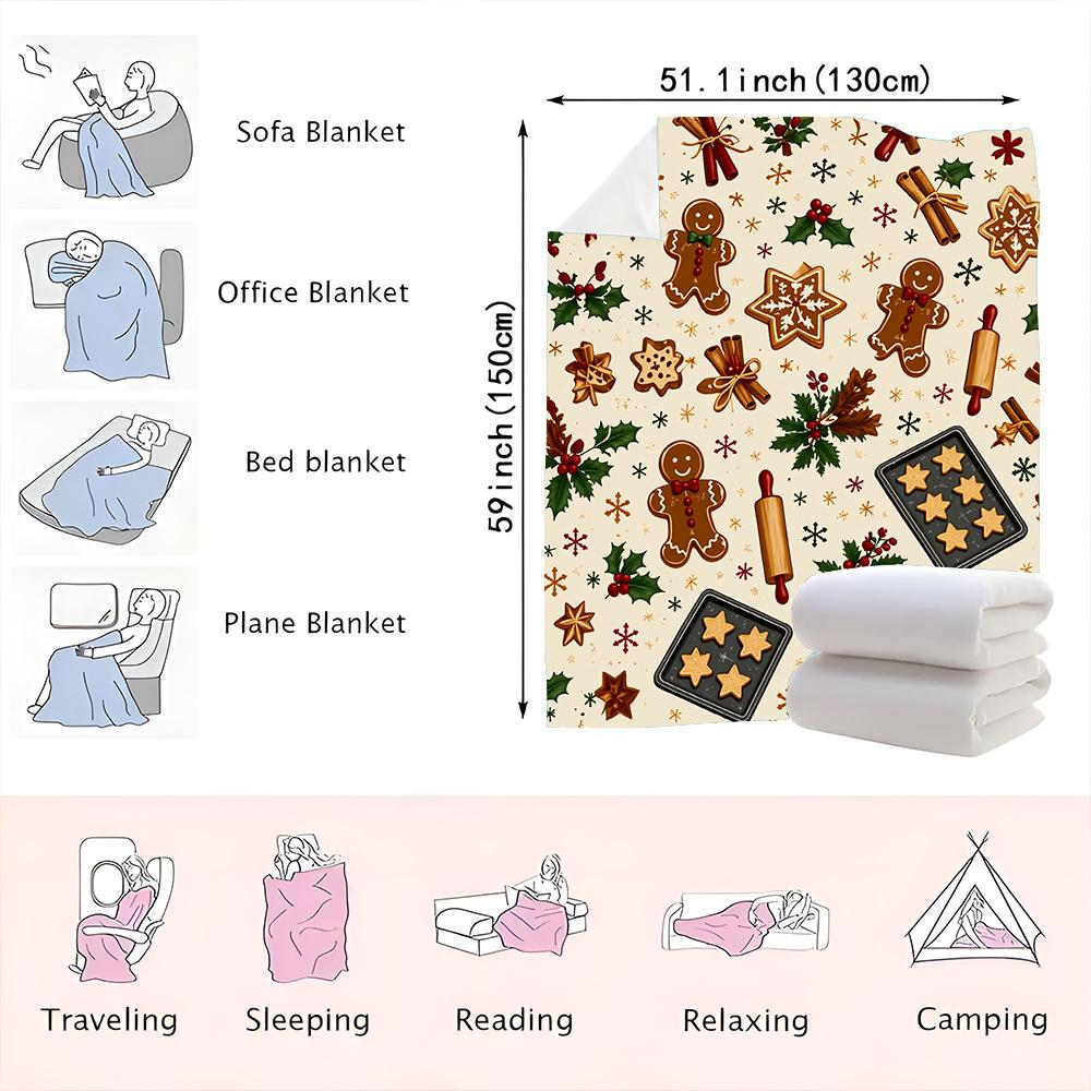 1PC Christmas Gingerbread Man and Holiday Cookie Print Blanket-made of soft, fluffy flannel, perfect for the sofa or bed. Add a