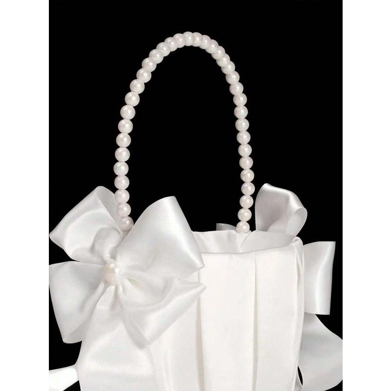 1PC Bow Faux Pearl Wedding Flower Basket - White Bow Flower Basket, Satin Flower Basket, Suitable For Wedding Party Decoration