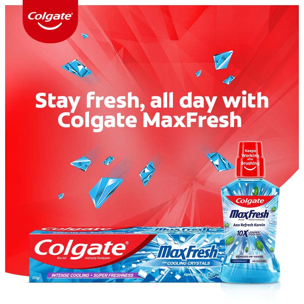 Colgate MaxFresh Breath Freshener Toothpaste, 600g (150g X 4), Peppermint Ice, Blue Gel Paste with Menthol, Cooling Crystals for Bad Breath Control