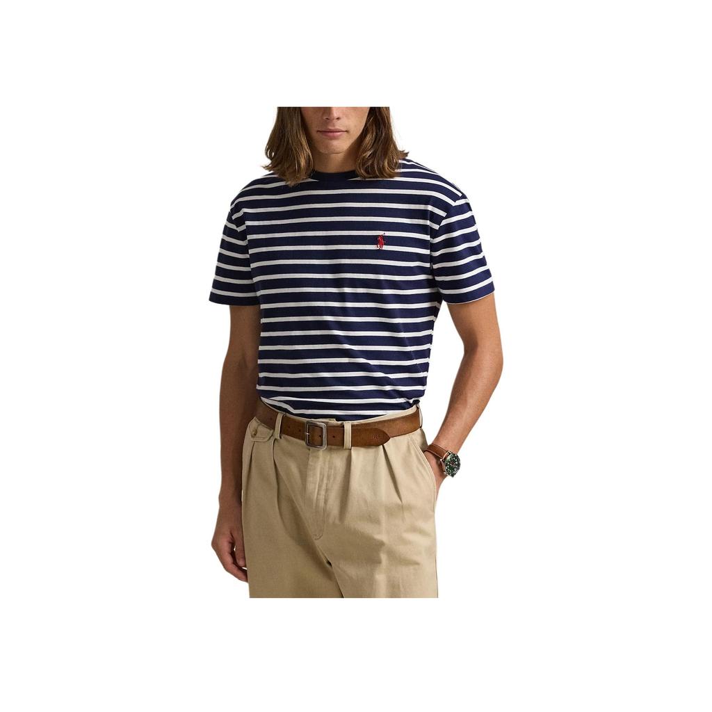 T-shirt da uomo a maniche corte con scollo rotondo a righe e logo Polo Ralph Lauren ricamato Top Blu 710934662-012