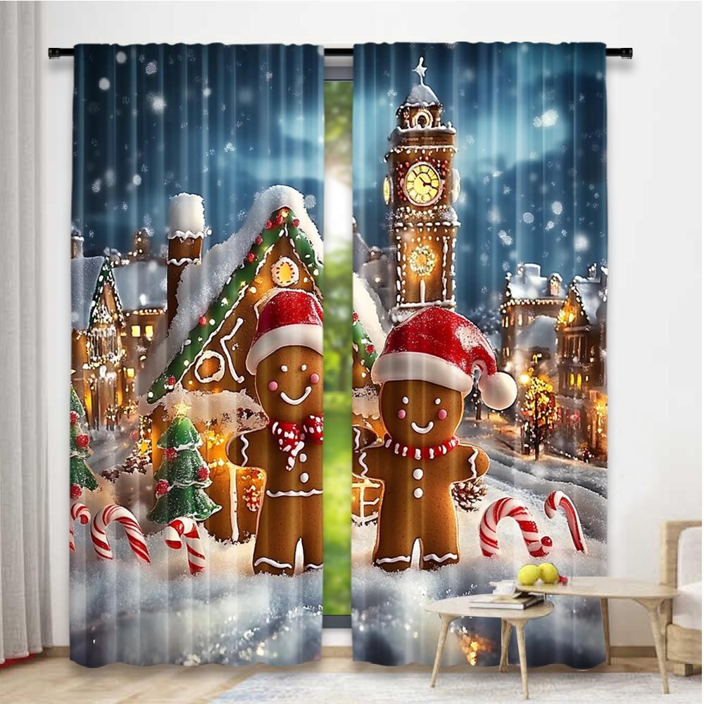 Flat Printing Christmas Party Curtain Gingerbread Fabric Without Electricity Festive Curtains Perfect Set Of 2 Made Polyester