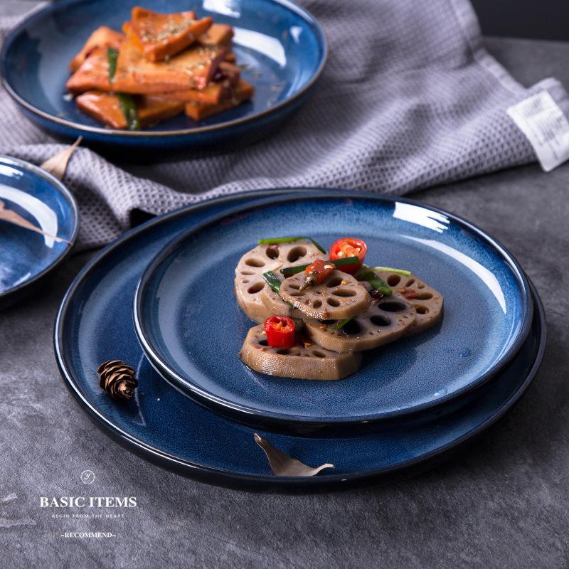 Japanese Blue Kiln Ceramic Steak Plate Multipurpose Snack Salad Pasta Dinner Plates Household Kitchen Resturant Hotel Tableware