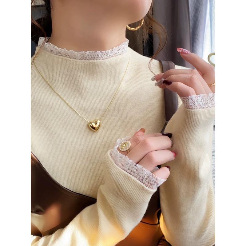 Lace-edged Knitted Bottoming Shirt for Women's Early Autumn with a Gentle and Simple Top Semi-turtleneck Sweater