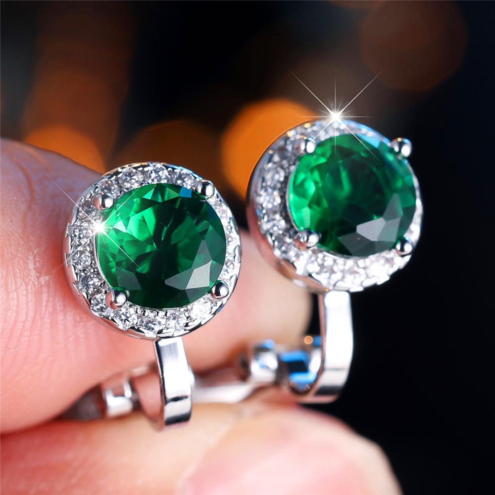 Cute Female Black Green Blue Zircon Stone Round Clip Earrings Charm Silver Color Wedding For Women