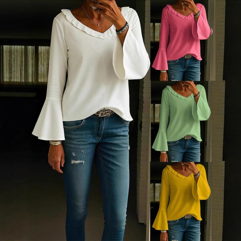 Women S Chiffon Blouse Casual V Neck Flare Sleeve Sun Protection Top