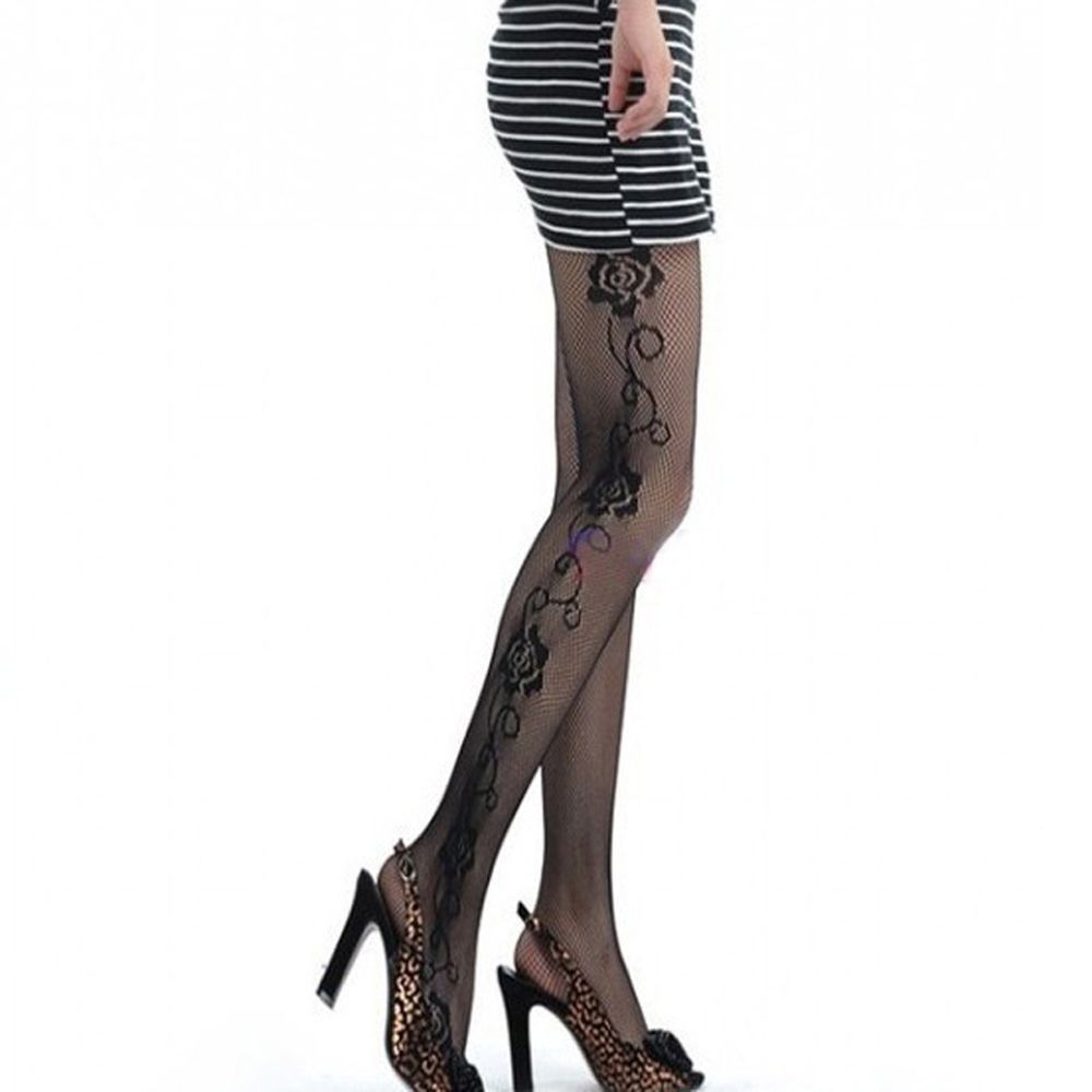 

Новые Горячие Женские Колготки в Сетку с Жаккардовым Узором, Длинные Чулки с Розой сбоку чёрный