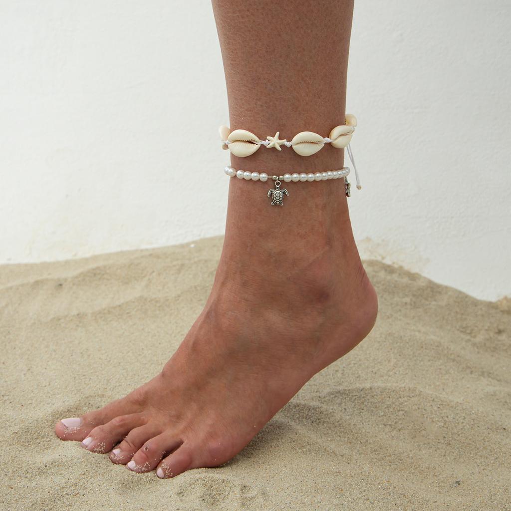 Beach Vacation Starfish Shell Turtle Anklet Set, Ocean Style Imitation Pearl Beaded Feet