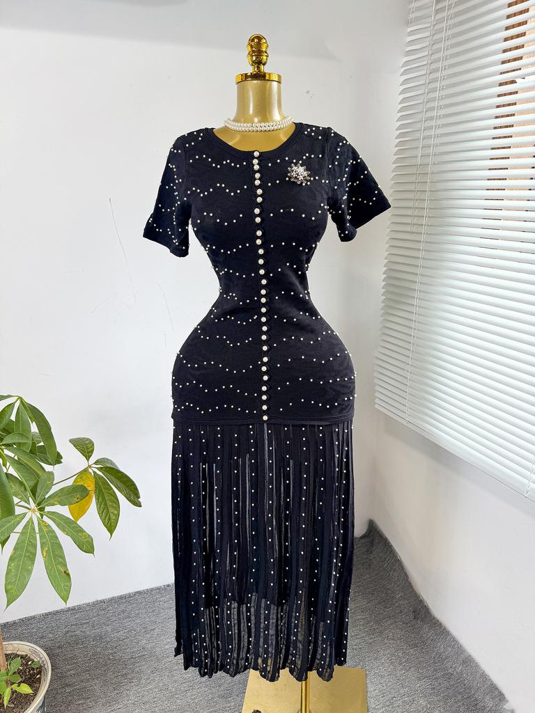 French small fragrant style pearl decorative short-sleeved knitted dress women's waist pleated temperament long dress