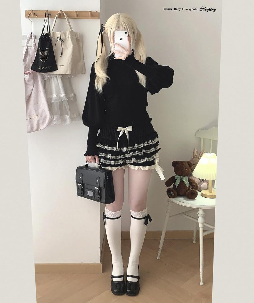 Cute Ruffled Lace Inner Stylish Black [XHSUKADO] Ribbon-Embroidered Pants, Petticoat, Fluffy, Pumpkin-Shaped Pants, Bottoms, Shorts, Women's, Opaque,