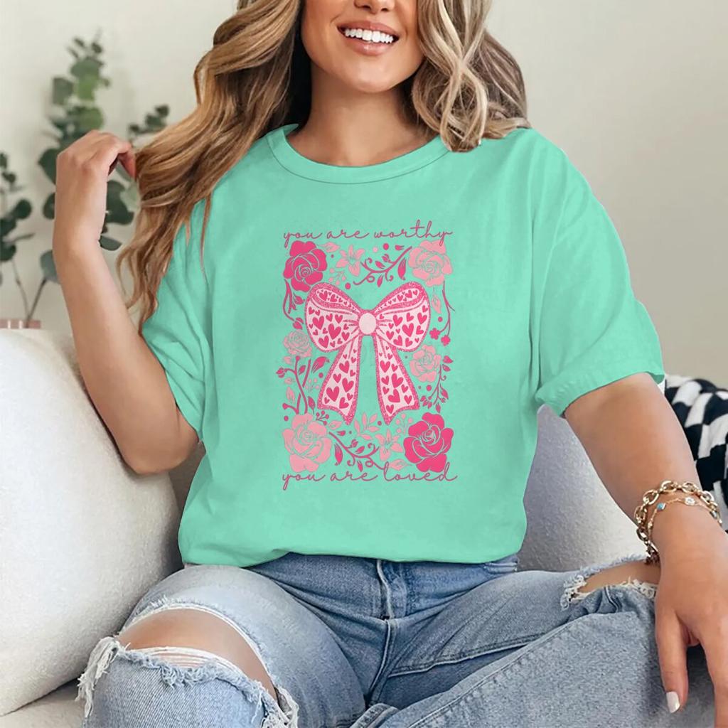 Valentines Day Heart Coquette Bow T Shirts for Women Retro Valentine Short Sleeve Tee Shirt Retro Flower Valentines Casual Tops