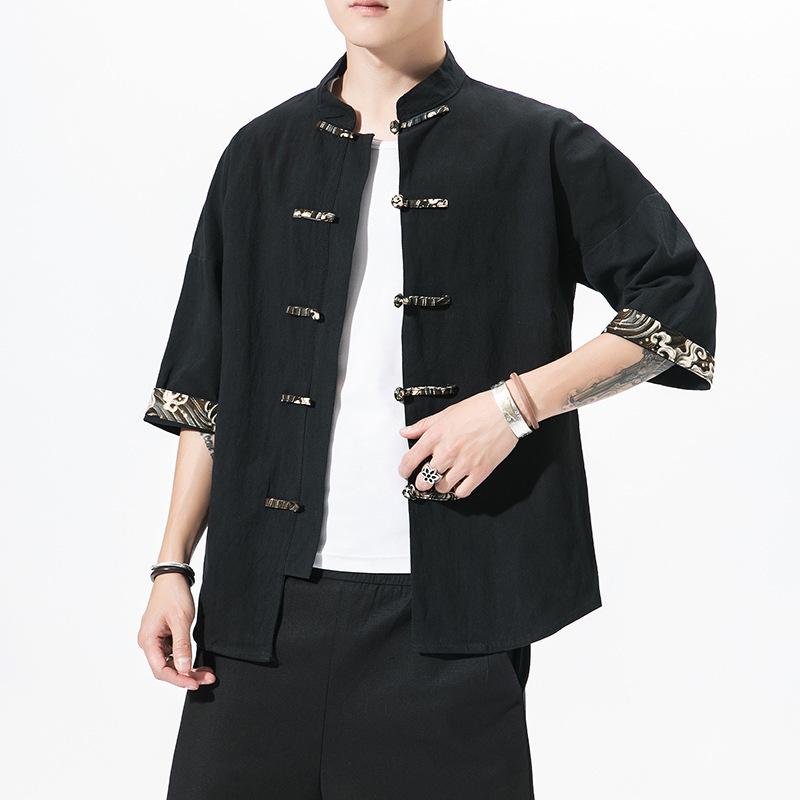 Mens Black Chinese Style Frog Button Tang Suit Jacket with Red Wave Trim