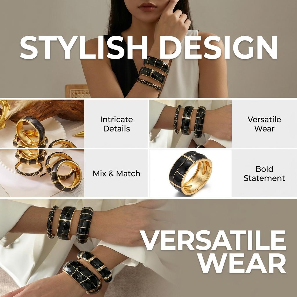 Luxury Black Enamel Gold Color Cuff Bangles for Women Vintage Chunky Geometric Statement Bracelet Set 2026 Trendy Jewelry Gift