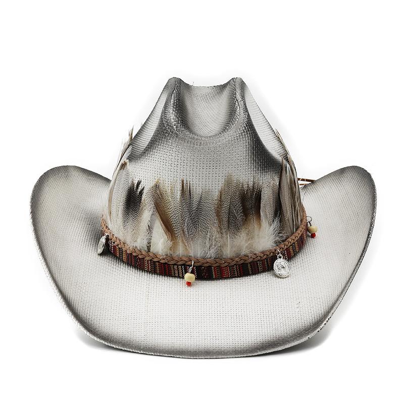 Natural feather trim denim straw hat - unisex sun hat with rolled brim - western cowboy straw hat M(56-58cm)