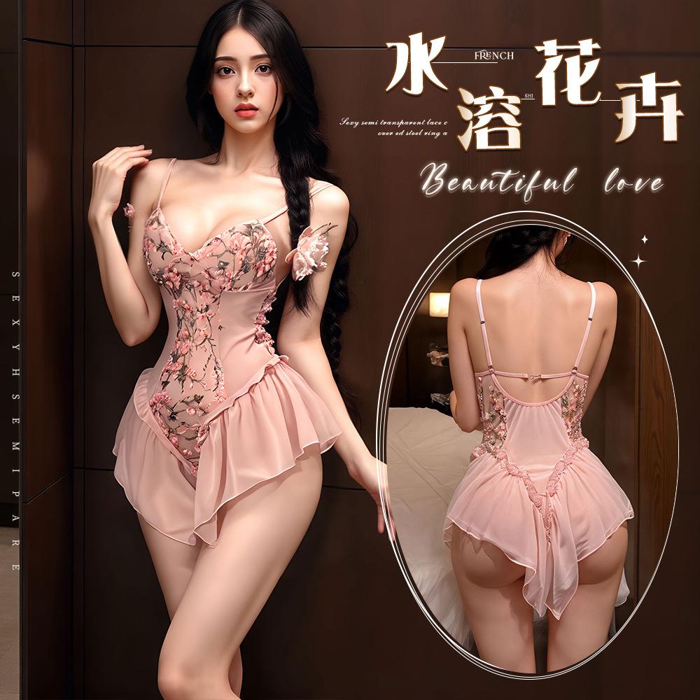 Night Fragrance Lingerie: Elegant Strap Embroidered Seductive Slim-Fit Gathered Floral Mesh Tie-Up Bodysuit