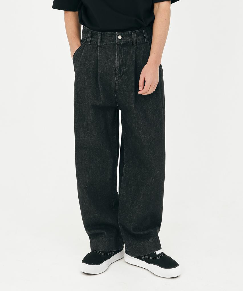 Seleuji Double-Pleat Wide Denim Pants V8_Black