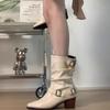 Boots Women's Summer New Premium Belt Buckle Martin Boots Pointed Thick Heel Pile Boots Western Cowboy Boots