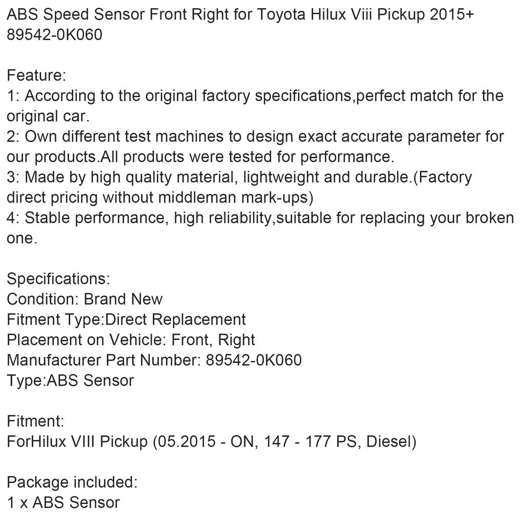 ABS Speed Sensor Front Right for Toyota Hilux Viii Pickup 2015+ 89542-0K060